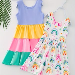 Suitable For In Summer, Girls’ Rainbow Print Plain Color Sleeveless Dress -one Casual Shop Online at Dubai Trades