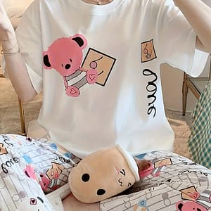 Summer Pajama Set For Women, Cute Cartoon Bear, Mosquito-repellent, Worn Outdoors, Loose And Casual, Two-piece Set Clothing Shop Online at Dubai Trades