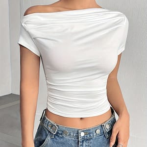 Summer Sexy Asymmetrical Ruffle Hem T-shirt For Women – Knit Polyester, Solid Color, Strapless Collar, Regular Length, 200g/m² Fabric Weight Clothing Shop Online at Dubai Trades