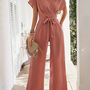 Surplice Neck Short Sleeve Jumpsuit, Elegant Solid Tie Waist Wide Leg Jumpsuit For , Women’s Clothing Clothing Shop Online at Dubai Trades