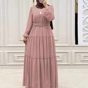 Swiss Dot Plain Color Kaftan Dress, Elegant Long Sleeve Tie Waist Maxi Dress, Women’s Clothing Abayas Shop Online at Dubai Trades