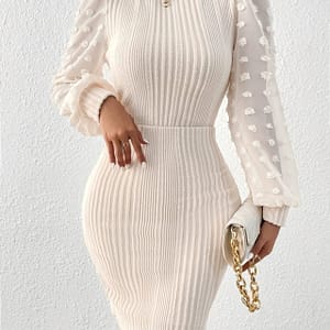 Swiss Dot Ribbed Crew Neck Dress, Elegant Long Sleeve Dress For Spring & Fall, Women’s Clothing For Elegant Dressing Clothing Shop Online at Dubai Trades