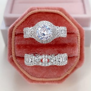 2pcs Set Luxury Elegant Wedding Ring, Micro Pave Synthetic Zirconia (cubic Zirconia) 6-prong Halo Setting, Copper, For April Birthstone, Valentine’s Day, Party, All Season Bridal Sets Shop Online at Dubai Trades