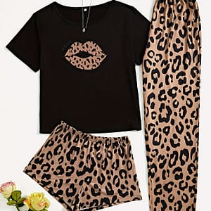 3pcs Lips & Leopard Print Pajama Set, Breathable Short Sleeve Slight Stretch Top + Loose Shorts + Long Pants, Women’s Loungewear & Sleepwear Clothing Shop Online at Dubai Trades