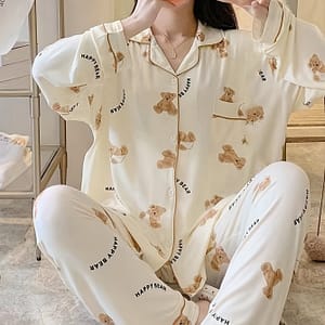Cartoon Bear Print Pajama Set, Cute Lapel Long Sleeve Blouse Top & Elastic Waistband Pants, Women’s Loungewear & Sleepwear Clothing Shop Online at Dubai Trades
