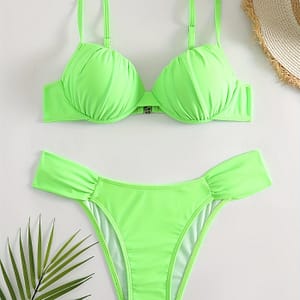 Green Ruched Bikini Sets, V Neck Spaghetti Straps Back Backless High Cut Beachwear 2 Pieces Swimsuit, Women’s Swimwear & Clothing Bikinis Shop Online at Dubai Trades