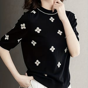 Knitted Floral Round Neck Loose Short Sleeves Clothing Shop Online at Dubai Trades