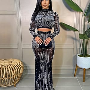 Party Rhinestone Two-piece Set, Bodycon Crop Top & High Waist Floor Length Skirt, Women’s Clothing Clothing Shop Online at Dubai Trades