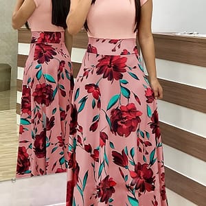 Printed Splicing Crew Neck Dress, Elegant Short Sleeve Slim Waist Pleated Maxi Dress, Women’s Clothing For Elegant Dressing Clothing Shop Online at Dubai Trades