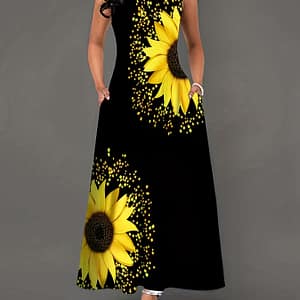 Sunflower Print Keyhole Dress, Casual Crew Neck Sleeveless Maxi Dress With Pocket, Women’s Clothing For Elegant Dressing Clothing Shop Online at Dubai Trades