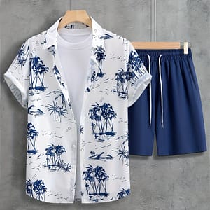 Trees, Men’s 2pcs, Short Sleeve Button Up Shirt And Drawstring Ord Set Active Shop Online at Dubai Trades
