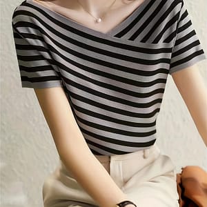 V-neck Striped Knitted Top, Casual Short Sleeve Top For , Women’s Clothing Clothing Shop Online at Dubai Trades