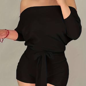 Women’s Plus Size Off-shoulder Batwing Sleeve Romper – Black, Casual Knot Front Jumpsuit, Stretchy Polyester Blend, Machine Washable, Summer Fashion Clothing Shop Online at Dubai Trades