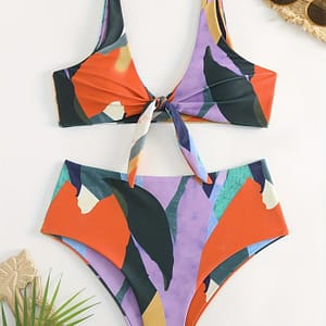 [summer Fun] Vibrant Abstract Print Women’s Bikini Set – Stretchy Spandex/polyester, V-neck Top With Tie Detail & High-waisted Bottoms, Machine Washable, Bikinis Shop Online at Dubai Trades