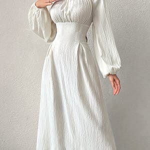 Textured Tie Lantern Sleeve Dress, Elegant Square Neck Solid Color Midi Romantic Dress, Women’s Clothing Clothing Shop Online at Dubai Trades