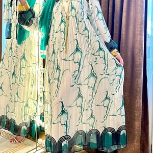 Blue And Orange Print Abaya Dress – Long Sleeve, Round Neck With Tie Waist Detail, Polyester & Spandex , Machine Washable – Traditional Middle Eastern Attire For Women Clothing Shop Online at Dubai Trades 3