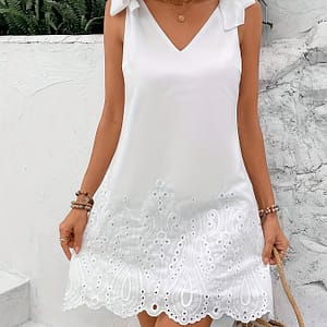 Tie Shoulder Hollow Out Dress, Vacation V Neck Sleeveless Loose Dress, Women’s Clothing Clothing Shop Online at Dubai Trades
