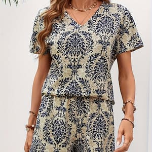 Tropical Print V-neck Short Sleeve Blouse And Shorts Set, Polyester Spandex Blend, Regular Fit, Woven Fabric, 120g/m², With No Belt, For Spring/summer Collection Clothing Shop Online at Dubai Trades