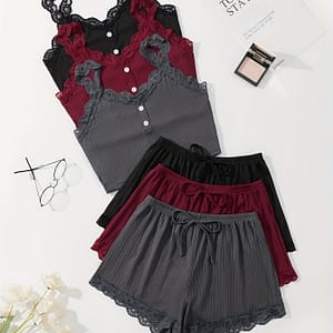 Two-piece Set Of Women’s Elegant Ribbed Sexy Off-shoulder Suspender Pajama Top & Casual Shorts In Multiple Colors And Styles Clothing Shop Online at Dubai Trades