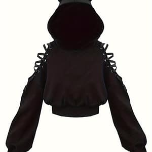 Unique Detail | Women’s Y2k Style Black Hoodie With Cat Ears – Stretchy Polyester Knit, Lace-up Detail, Ribbed Cuffs, Machine Washable, Clothing Shop Online at Dubai Trades