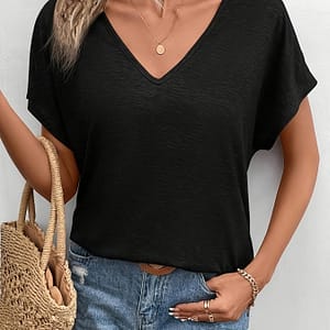V Neck Loose Solid Casual T-shirt, Short Sleeve Top For , Women’s Clothing Clothing Shop Online at Dubai Trades