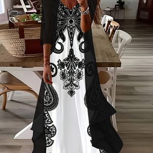 Vacation-style V-neck Dress Set With Full-body Print, Polyester, Machine Washable – Spring/autumn Clothing Shop Online at Dubai Trades