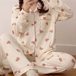 Valentine’s Day Heart Pattern Pajama Set For Women – Cozy Polyester, Long Sleeve Button- & Waist Pants, Spring/fall Clothing Shop Online at Dubai Trades