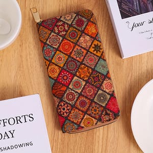 Vegan Leather Long Wallet For Women, Floral Print Clutch Coin Purse, Vintage Wooden Credit Card Holder Accessories Shop Online at Dubai Trades
