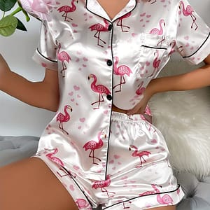 Velvet Color Pink Crane Print Pajama Set Clothing Shop Online at Dubai Trades