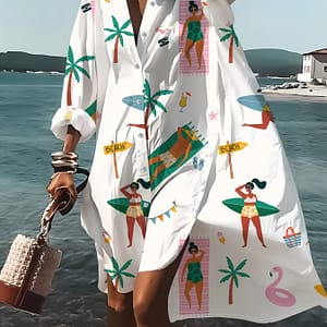 Vibrant Tropical Print Long Sleeve Shirt For Women – Lightweight Polyester, Button-up With Collar, Surfboard & Beach Scene Design – Ideal For Vacation, Spring/fall Wear Clothing Shop Online at Dubai Trades