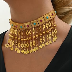 Vintage Boho 24k Golden Plated Copper Tassel Pendant Necklace With Synthetic Rhinestones, Bridal Wedding Choker For Women, Party & Jewelry, Ramadan Gift Clothing, Shoes & Jewelry Shop Online at Dubai Trades
