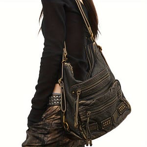 Vintage Rivet Tote Bag For Women – Large Capacity Shoulder & Crossbody Bag With Multiple Zippered Compartments, Golden-tone Hardware, Detachable Strap, Clothing, Shoes & Jewelry Shop Online at Dubai Trades