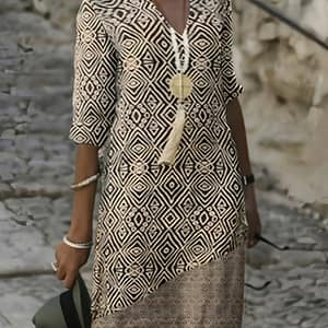 Vintage V-neck Dress For Women – Casual & Festive, Geometric Pattern, Spring/summer Collection, Machine Washable, Leisure Style, Clothing Shop Online at Dubai Trades