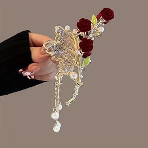 Vintage-inspired Hair Clip With Pearls & Rhinestones – Red And Golden, Alloy With Tassel Accents For Women, Hair Accessories Clothing, Shoes & Jewelry Shop Online at Dubai Trades