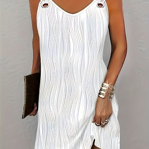 Wavy Stripe Solid Dress, Casual V Neck Sleeveless Mini Dress, Women’s Clothing Clothing Shop Online at Dubai Trades