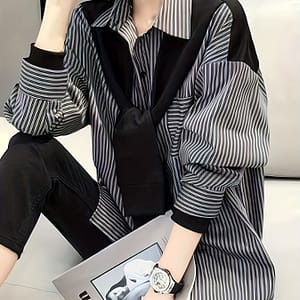 Women’ Black & White Striped Button-up Shirt – Long Sleeve, Collared, Lightweight Polyester For Spring/fall, Casual Fashion Blouse, Ladies Blouses Blouses Shop Online at Dubai Trades