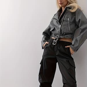 Women’ Blue Denim-style Motorcycle Jacket – Casual Polyester, Non-stretch, Belt Detail, Machine Washable, Ideal For Spring/fall Clothing Shop Online at Dubai Trades