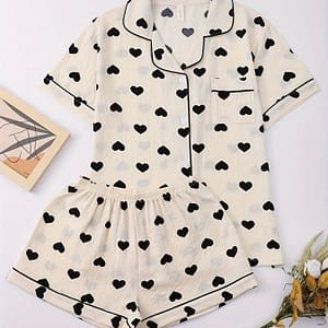 Women’ Heart Print Pajama Set, Short Sleeve Button-up Shirt And Shorts, Breathable And Comfortable Casual Sleepwear, Casual Wear| Print Top|short Sleeve Shirt Clothing Shop Online at Dubai Trades