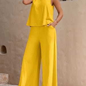 Women’ Red Sleeveless Top & Wide-leg Pants Set – Polyester, Solid Color, Spring/summer Casual Wear, Sleeveless Blouse|casual Attire|polyester Fabric Clothing Shop Online at Dubai Trades