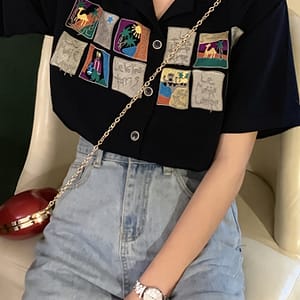 Women’ Style Black Short Sleeve Shirt, Embroidered Polyester Blouse, Loose Fit With Lapel Collar And Button Details, Woven Shirting For Adult Blouses Shop Online at Dubai Trades