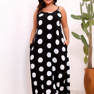 Women’ & White Polka Dot Off-shoulder Sleeveless Dress – Round Neck Dress With Relaxed Fit, Machine Washable Lightweight Fabric For Beach & Style, Casual Wear | Flowy Fabric Clothing Shop Online at Dubai Trades