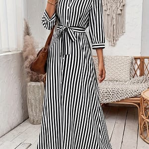 Women’ & White Striped Shirt Dress – Classic Collar Button Front Long Sleeve Midi Dress For Casual Vacation & Daily Commute, Versatile Wear, Commute Attire | Durable Outfit Clothing Shop Online at Dubai Trades