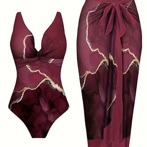 Women’-piece Beachwear Set, Printed One-piece Bathing-suit With Crisscross Detail And Matching Tie-waist Skirt, Elegant Party Wear Clothing Shop Online at Dubai Trades