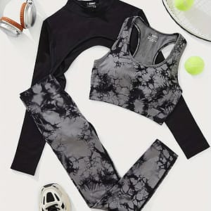 Women’s 3-piece Contrast Tie-dye Seamless Activewear Set, Round Neck Long Sleeve, High-support Sports Bra, High Waist Leggings, Athletic Outfit For Ladies Clothing, Shoes & Jewelry Shop Online at Dubai Trades