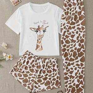 Women’s 3pcs Giraffe Print Pajama Set – Casual Round Neck Short Sleeve Top, Comfy Shorts & Long Pants In Polyester , Machine Washable Sleepwear, Giraffe Gifts Clothing Shop Online at Dubai Trades