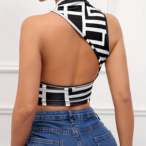 Women’s Backless High Neck Crop Top – Stylish Geometric Print Sleeveless Blouse, Black & , Casual Or Summer Outfits, Summer Tops Clothing Shop Online at Dubai Trades