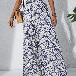 Women’s Bohemian Floral Print Chiffon Wide-leg Pants – High Waist, Elastic Waistband, Long Beach Trousers For , Casual Elegant Style Clothing Shop Online at Dubai Trades