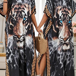 Women’s Boho Up, Plus Size Tiger Print V Neck Pullover Loose Fit Beach Kaftan Dress For Fall & Winter Clothing Shop Online at Dubai Trades