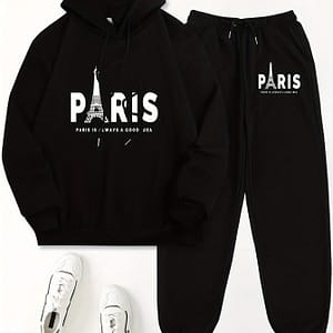 Women’s Casual 2pcs Set, Paris Alphabet Print, Long Sleeve Hooded Pullover & Pants, Polyester 100%, Loose Fit, Spring/fall Knit Fabric, With Pockets, Regular Sleeve, 185g/m² – Black Clothing Shop Online at Dubai Trades