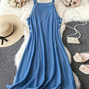 Women’s Casual Denim-look Adjustable Suspender Dress – Sleeveless, Flowing Blue Polyester Dress With Pockets, Machine Washable, Summer Clothing Shop Online at Dubai Trades